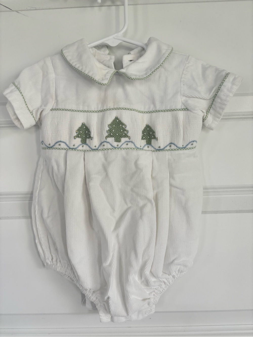 Vintage Castle and Crowns Christmas White Baby Romper with Green Tree Smocking